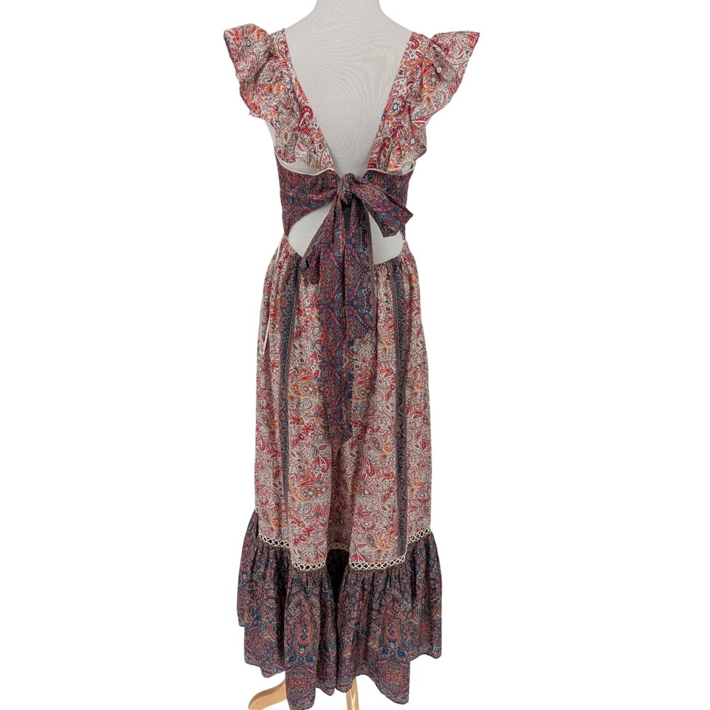 Haute Hippie Paisley Floral Maxi Dress 10 Red Blue Boho Tie Back Cottage Prairie - Picture 4 of 14